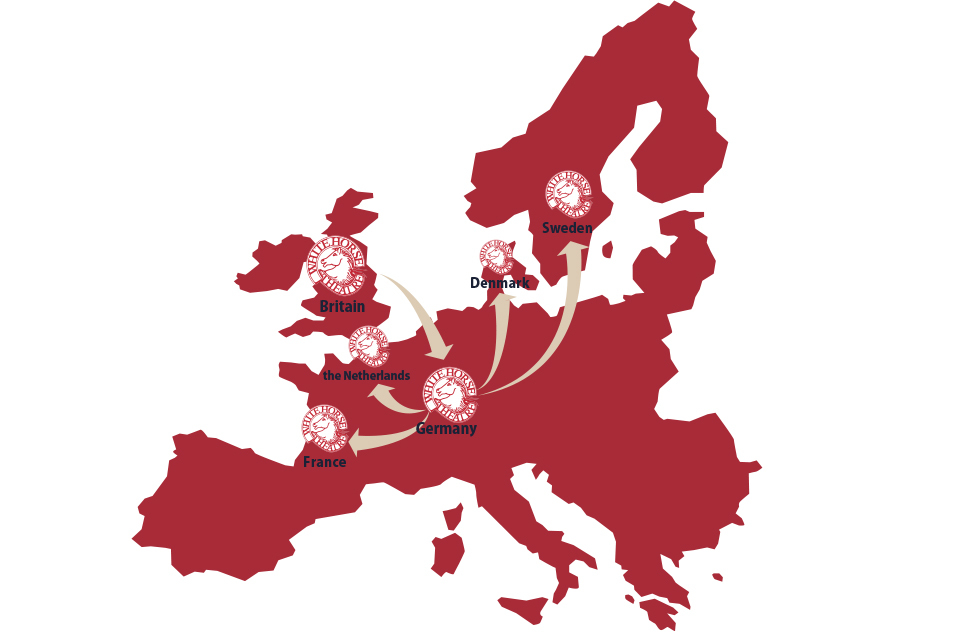 ヨーロッパ地図の簡略化されたイラストです。イギリスとドイツ、スウェーデン、デンマーク、オランダ、フランスにホワイトホースのロゴマークがスタンプのように押されています。